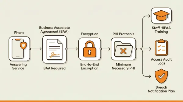 HIPAA compliance requirements diagram showing BAA, encryption, PHI, and training